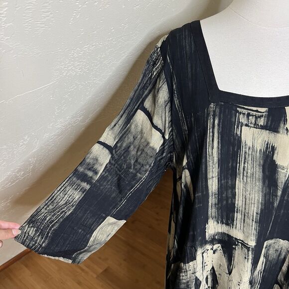 Lyng Designs Dress Womens L Black Tan Abstract Square Neck Lagenlook Oversize - Picture 4 of 12